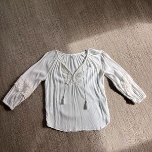 Joie White Pleated Tie Front Blouse with 3/4 Sleeves